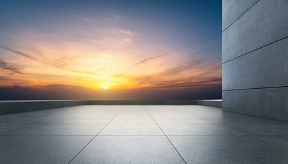 Creative concrete exhibition space with empty mock up place and sunset sky background. Creativity...