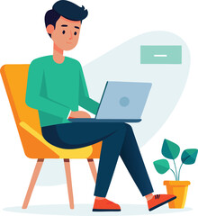 a boy is using his laptop vector