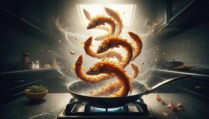 A dynamic and surreal culinary scene featuring fish swirling in a pan, showcasing creativity in cooking. Ideal for food blogs, advertisements, and chef portfolios.