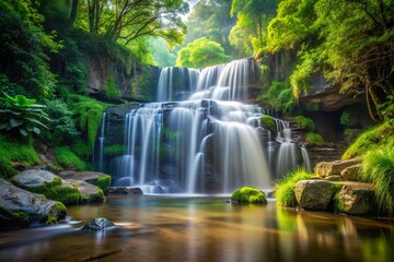 Obraz premium Serene Minimalist Photography of a Cascading Waterfall in a Tranquil Forest Setting, Capturing the Essence of Nature's Beauty and Harmony with Subtle Reflections and Soft Light