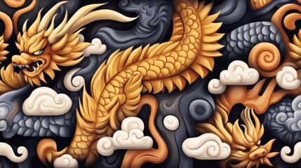 Fototapeta premium Intricate Illustration of a Mythical Golden Dragon Surrounded by Swirling Clouds and Abstract Background Patterns in Vibrant Colors