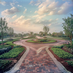 create a magazine photo of a park like setting with multiple brick sidewalks and green landscaping, soft blue and clouds in sky