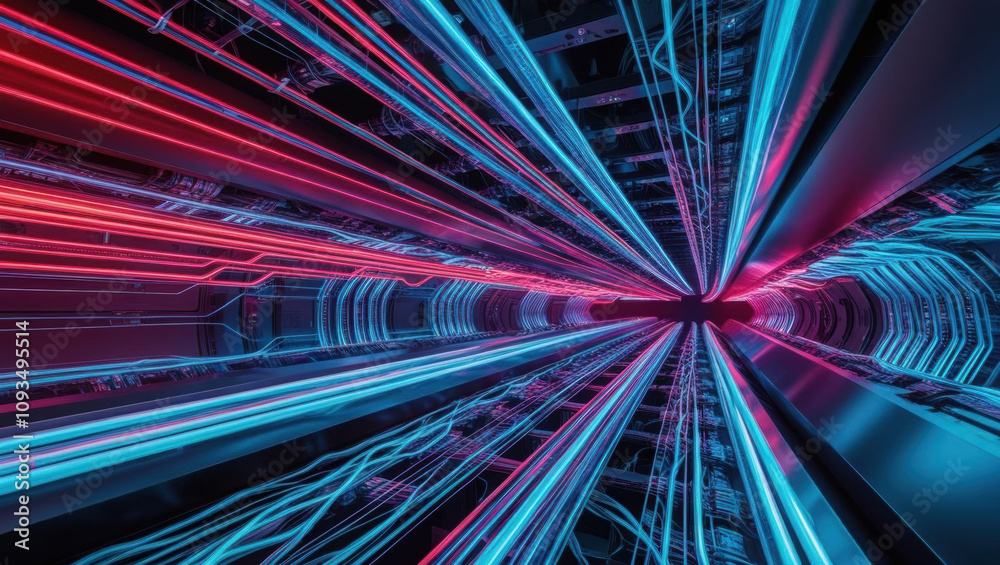 Poster immersive tech setting with neon network patterns and fiber optic glow, showcasing high speed data s