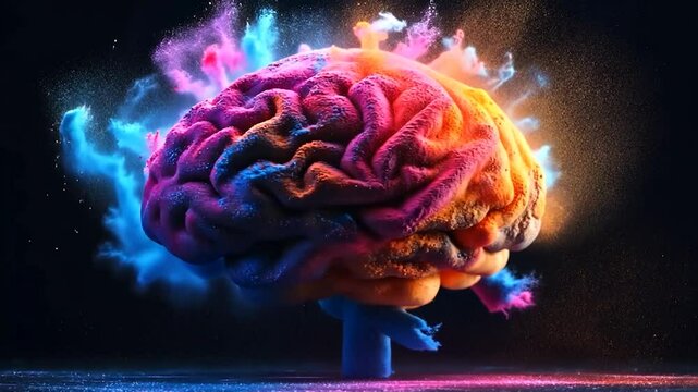 Human brain explodes with splashes of colorful particles. Represents creativity, innovation, imagination