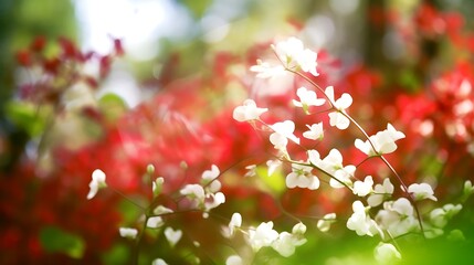 White flowers bloom brightly against a red background