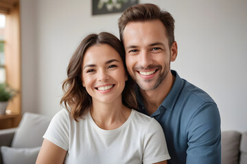 Fototapeta premium Happy couple smiling and embracing at home