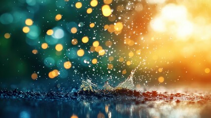 A close-up of raindrops creating splashes on a reflective surface, illuminated by soft bokeh lights in warm tones, Ideal for themes of nature, weather, or emotions such as serenity and renewal,