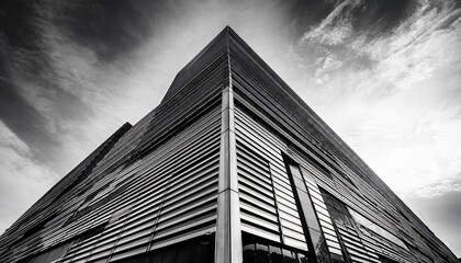 black and white view of a functionalist skyscraper showcasing geometric shapes and clean lines against the sky