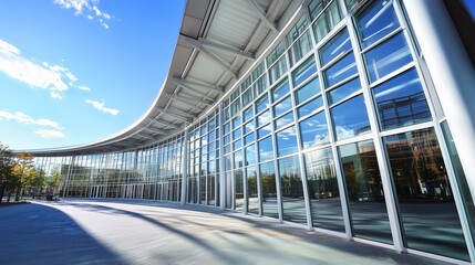 Fototapeta premium Contemporary glass building with blue sky reflection in urban setting