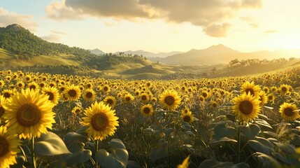 Fototapeta premium Vibrant Sunflower Field Under a Golden Sunset with Rolling Hills and Lush Green Mountains in the Background Creating a Scenic Natural Landscape