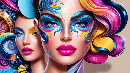 Fototapeta premium Fashionable Generative AI illustration image female facial collage many colorful elements.