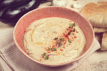 Babaganoush, eggplant appetizer, traditional Lebanese cuisine, homemade, no people,