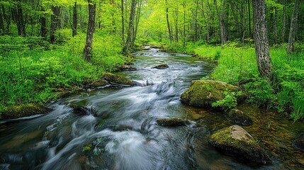 Obraz premium Serene Flowing Stream Through Vibrant Green Forest Surrounded by Lush Foliage and Tranquil Natural Landscape