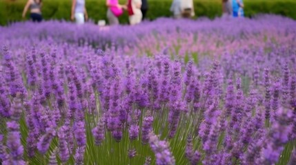 Obraz premium Lavender Field With Blurred People Walking Through