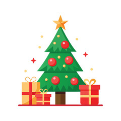 Christmas Tree with Gifts Vector - Festive Holiday Illustration with Ornaments, Ribbons, and Star, Vibrant Seasonal Art