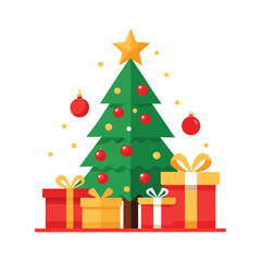 Christmas Tree with Gifts Vector - Festive Holiday Illustration with Ornaments, Ribbons, and Star, Vibrant Seasonal Art