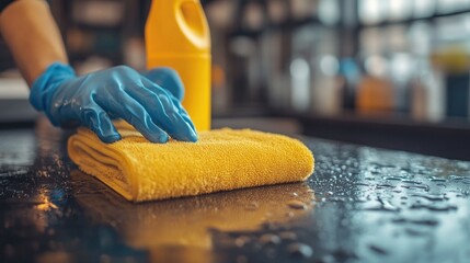 Close-up of hand in blue glove wiping wet counter with yellow cloth indoors