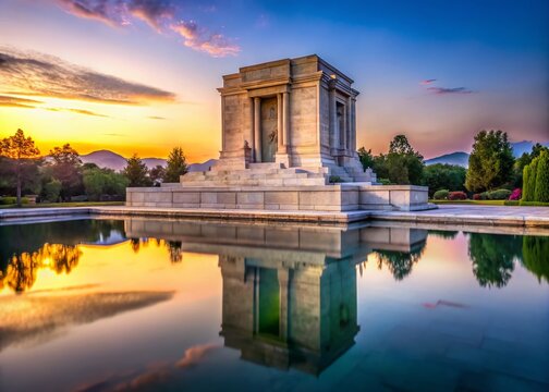 Serene Minimalist Photography of the Marble Tomb of Ferdowsi in Iran, Capturing the Architectural Elegance and Cultural Heritage in a Tranquil Setting Surrounded by Nature