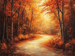 A serene autumn landscape with vibrant orange foliage along a winding path.