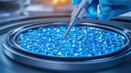 Laboratory hand handling blue crystals with precision instrumentation