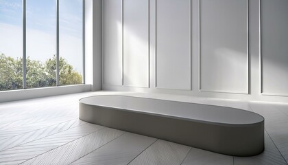 Modern spacious white interior with mock up place and pedestal. 3D Rendering.