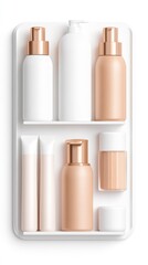 Elegant collection of cosmetic bottles and tubes in minimalist white tray