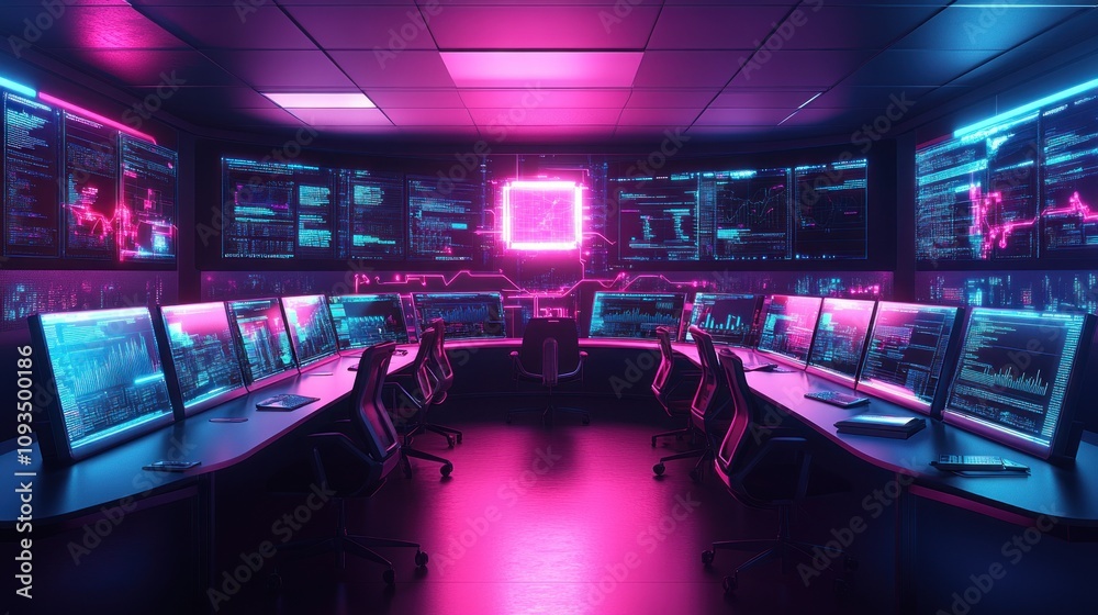 Poster neon lit cybersecurity command center workstation
