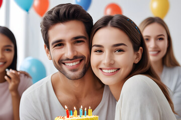 Happy couple celebrating birthday with friends and cake
