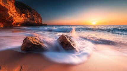 Ocean Waves Crashing on Sandy Beach at Sunset