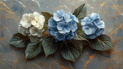 A serene arrangement of blue and white hydrangeas on a textured background.