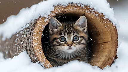 A kitten exploring the inside of a snow-covered log its tiny nose peeking out of the hollow