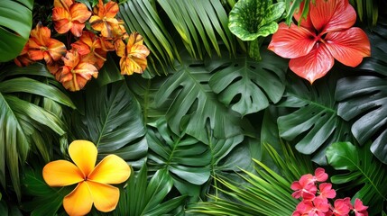 Naklejka premium Lush Tropical Paradise: Vibrant Blooms and Exotic Foliage