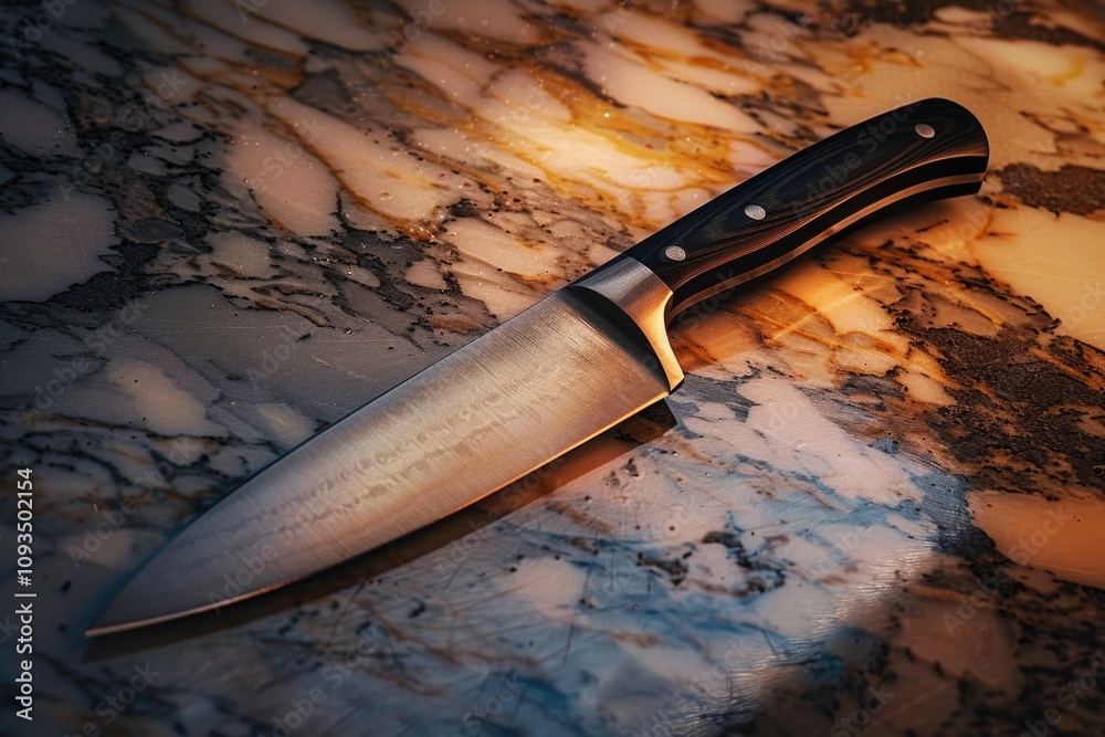 Poster a large knife resting on a smooth marble countertop