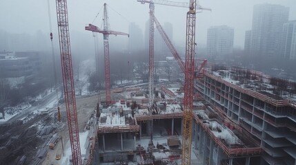 Fototapeta premium Tower cranes at work on a large construction site. 