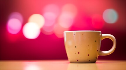 Obraz premium Spotted Mug Against A Pink Bokeh Background