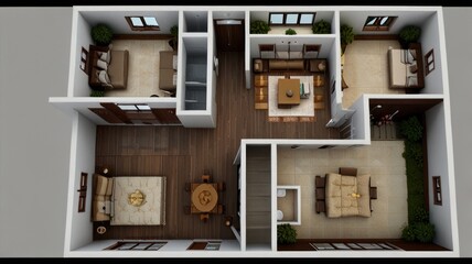 3D rendering of a two-bedroom apartment floor plan with living room, dining area, and bathrooms.