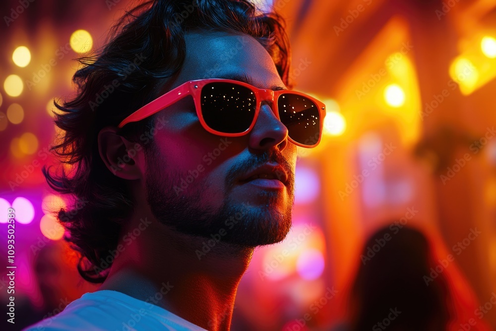 Poster a man with a thick beard wearing distinctive red sunglasses, perfect for use in editorial or adverti