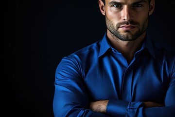A person wearing a blue shirt with their arms crossed, ideal for use in scenes where someone is feeling relaxed or defensive