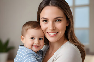 Happy mother holding and smiling with her baby son at home