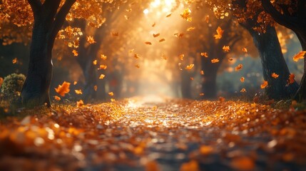 A serene autumn pathway lined with trees and falling leaves.
