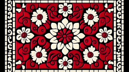 Red and white floral patterned rug design.