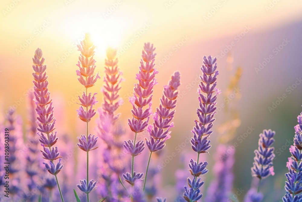 Poster a beautiful scene of a lavender field with the setting sun in the background