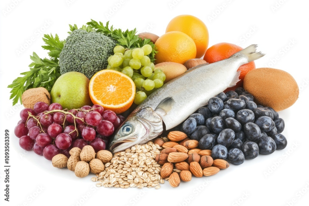 Poster A vibrant mix of colorful fruits and vegetables with a fish as a unique addition, ideal for use in editorial or advertising contexts