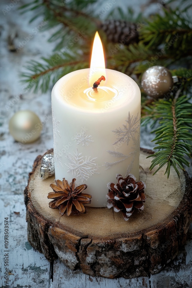 Poster a single lit candle placed on top of a piece of wood, ideal for use in still life compositions or as