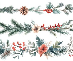 A Christmas bouquet featuring watercolor winter elements, including foliage, flowers, and berries.