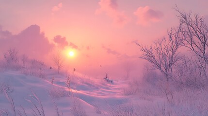 A serene winter landscape at sunset, with soft pink hues and snow-covered terrain.
