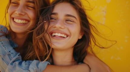 Fototapeta premium Two young women share a moment of joy and affection, standing in front of a vibrant yellow wall