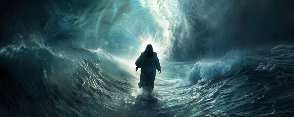 Fototapeta premium A figure walking on turbulent waters, illuminated by a bright light in a dramatic atmosphere.