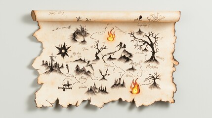 A treasure map on aged parchment, complete with burn marks, coffee stains, faded ink, and handwritten notes, hinting at the location of buried riches.