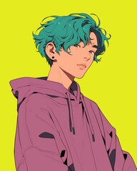 Fototapeta premium Stylish Teen Boy with Teal Hair and Purple Hoodie, Vibrant Yellow Background